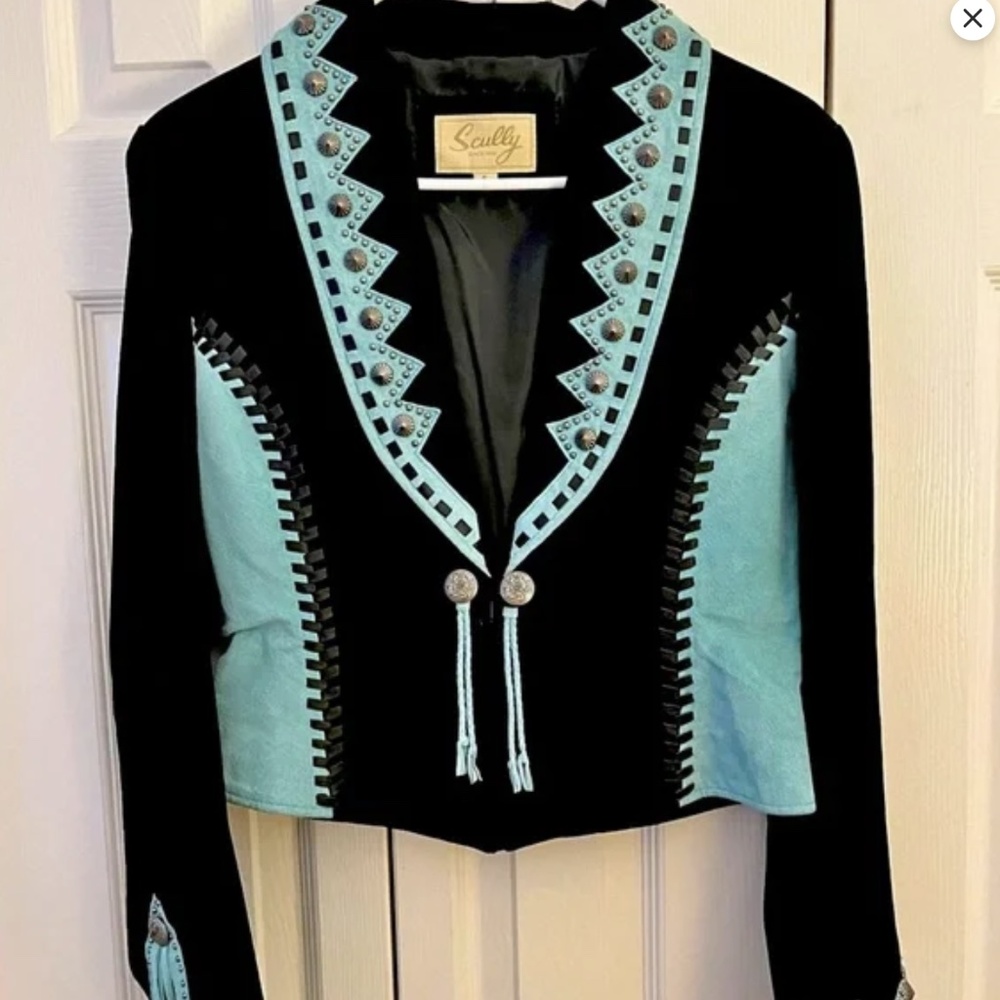 Rare Scully leather suede jacket silver studs Concho fringe Black w turquoise